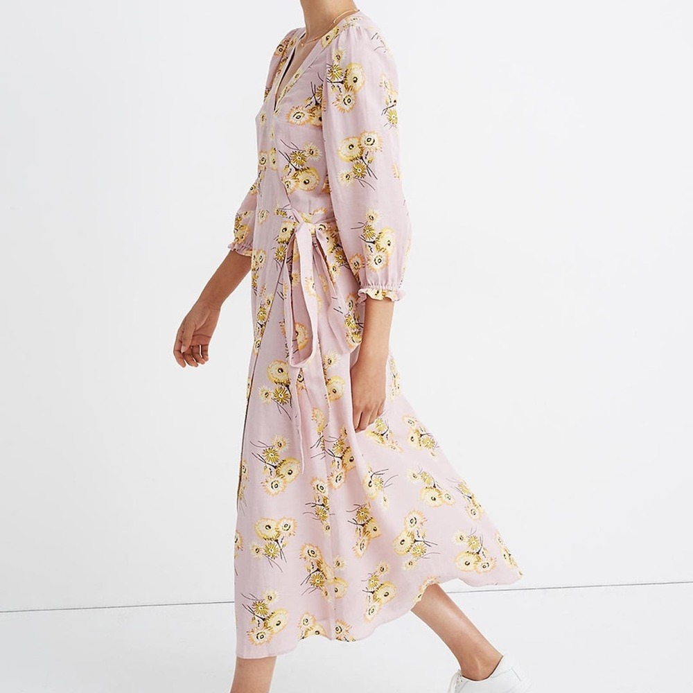 Madewell Linen-Blend Ruffle-Cuff Wrap Dress in Dutch Dandelions Women's XXS